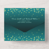 光きらめくティール(緑がかった色)ブルー冬の夜結婚の オールインワン招待状 (裏面)