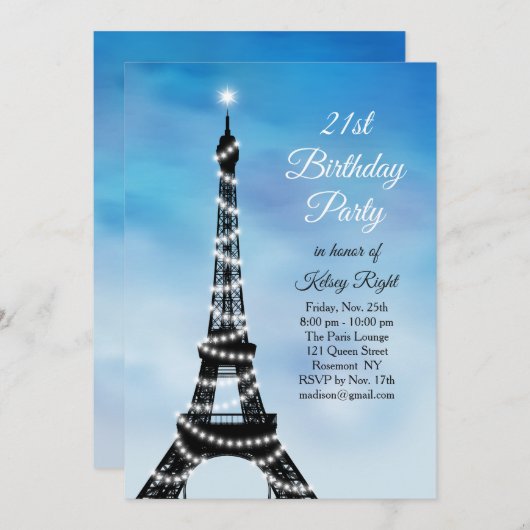 光っているエッフェル塔の第21誕生日の招待の青 招待状 (正面/裏面)