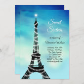 光っているエッフェル塔のSweet sixteenのターコイズ 招待状 (正面/裏面)