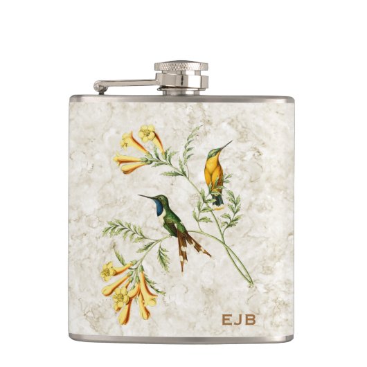 光っている後につかれたハチドリのモノグラム フラスク (正面)