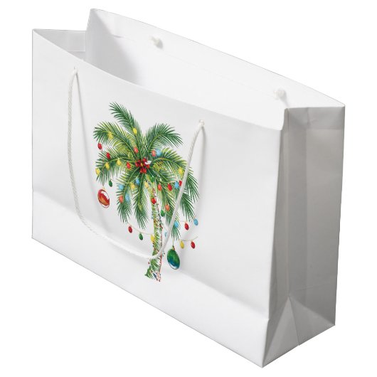 光とオルナムを持つ熱帯クリスマスパームツリー ラージペーパーバッグ (正面アングル)