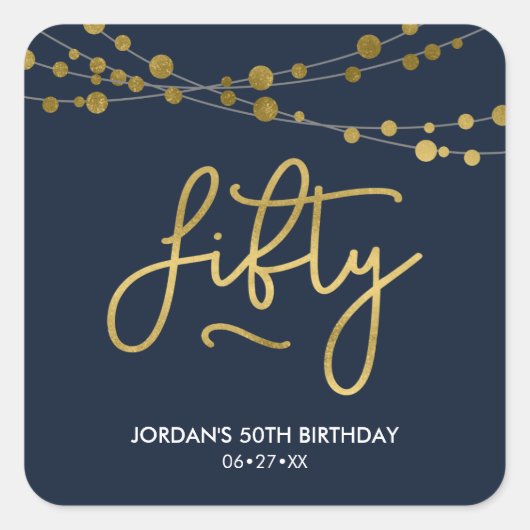 光のエレガント青いストリング50th誕生日パーティー スクエアシール (正面)