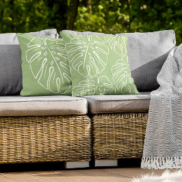 光のセージ緑の上に白い熱帯葉のモチーフ アウトドアクッション