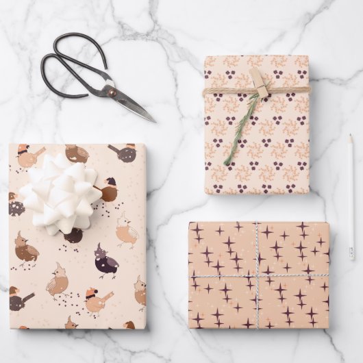 光の上のクリスマスの鳥、星と果実 ラッピングペーパーシート (正面)