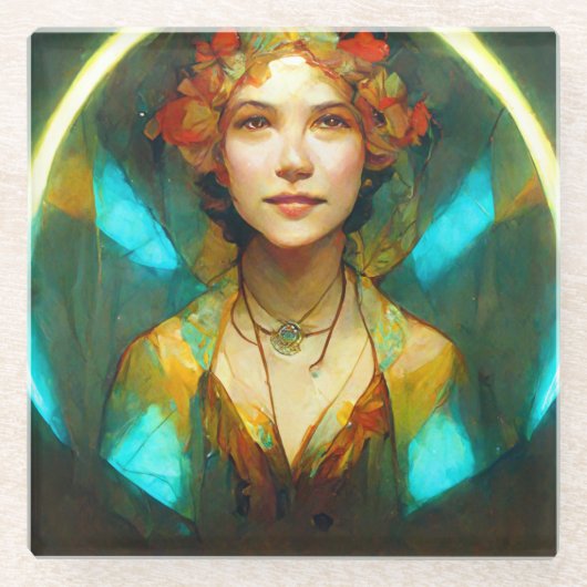 光の中でアールヌーボーファンタジー ガラスコースター (正面)