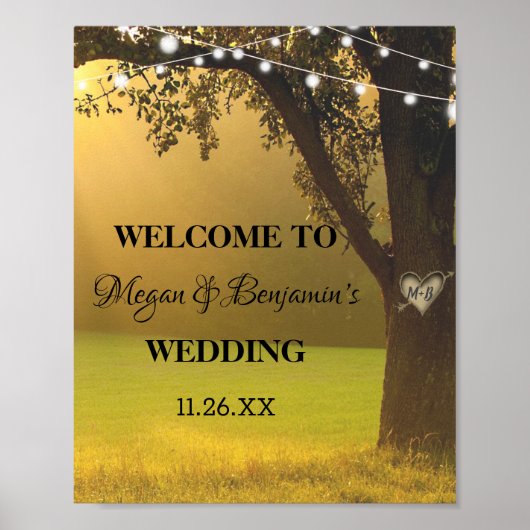 光の列の素朴秋ツリーのヴィンテージ結婚式 ポスター (正面)