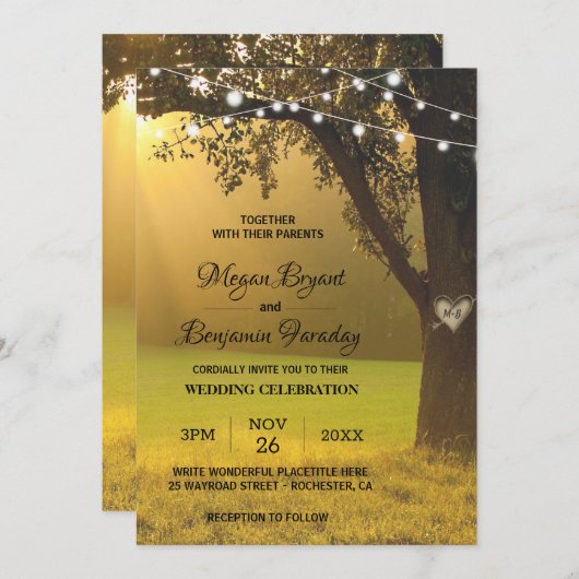 光の列の素朴秋ツリーのヴィンテージ結婚式 招待状 (正面/裏面)