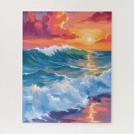 光の地平線 | 海の波 日没 水彩画 ジグソーパズル (縦)