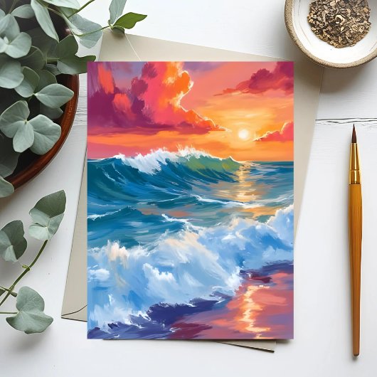 光の地平線｜海の波 日没 水彩画 ポストカード