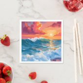 光の地平 | 海の波と夕焼けの水彩画 スタンダードカクテルナプキン (インサイチュ)