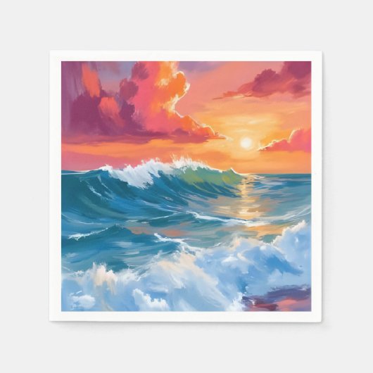 光の地平 | 海の波と夕焼けの水彩画 スタンダードカクテルナプキン (正面)