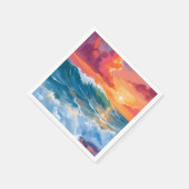 光の地平 | 海の波と夕焼けの水彩画 スタンダードカクテルナプキン (角)