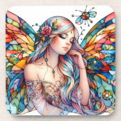 光の妖精のステンドグラスインスパイアファンタジーアート コースター (正面)