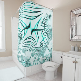 光の背景に交差した水色の曲線トレース シャワーカーテン