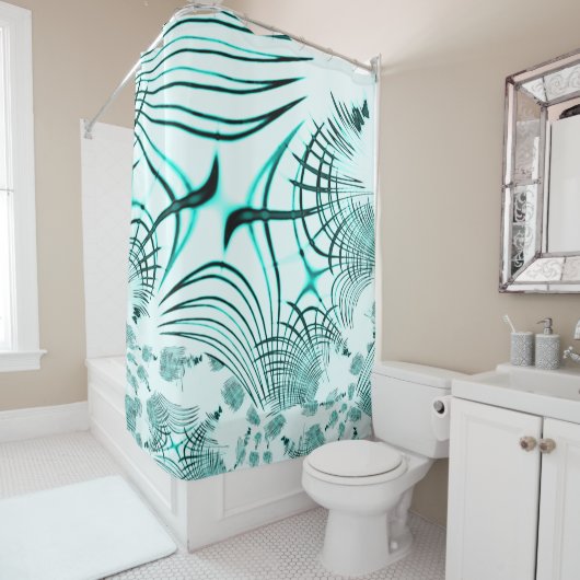 光の背景に交差した水色の曲線トレース シャワーカーテン (インサイチュ)