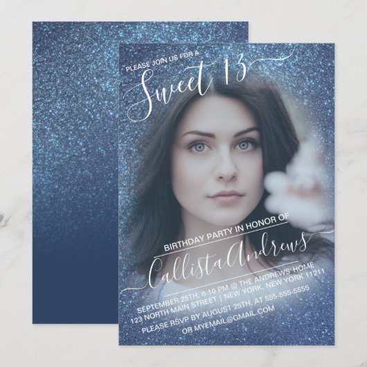 光り輝くネイビーブルーのオンブルーフォトスイート13 招待状 (正面/裏面)