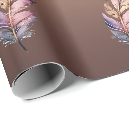 光り輝く銅色の紙 ピンクと青の羽根 ラッピングペーパー (ロールコーナー)