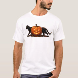 光るカボチャの後ろに佇む細長い黒猫 Tシャツ