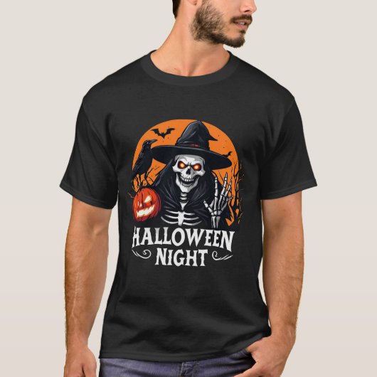 光るカボチャの魔女とスケルトンのハロウィーン 🎃 Tシャツ (正面)