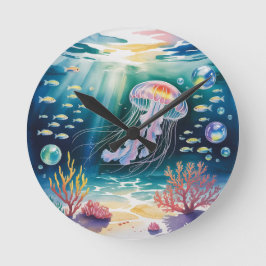 光るクラゲの水中シーン ラウンド壁時計