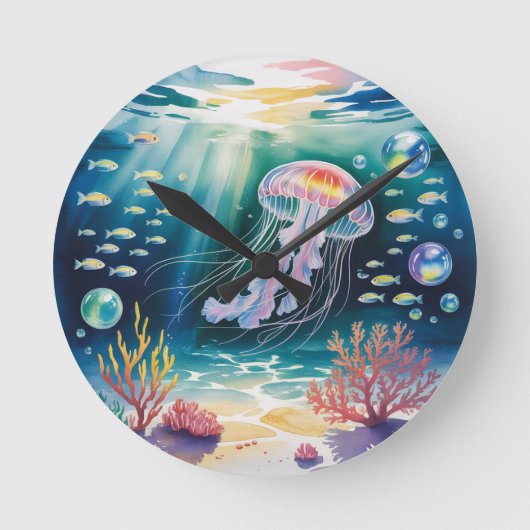 光るクラゲの水中シーン ラウンド壁時計 (正面)