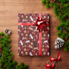 光るクリスマスオーナメントに絡まる遊び心あふれる猫たち ラッピングペーパー