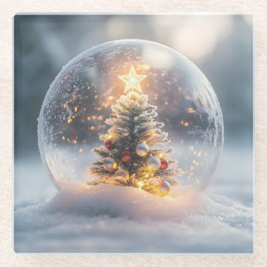 光るツリーの魔法のクリスマススノーグローブ ガラスコースター (正面)