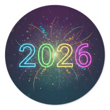 光るネオンの2026数字+紙吹雪と花火