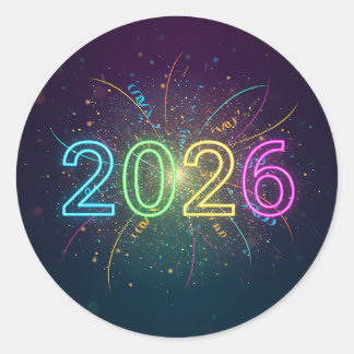光るネオンの2026数字+紙吹雪と花火 ラウンドシール