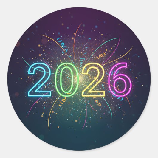 光るネオンの2026数字+紙吹雪と花火 ラウンドシール (正面)