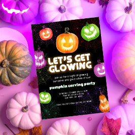 光るネオンをテーマにしたハロウィンのかぼちゃ彫りパーティー 招待状