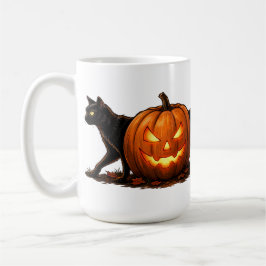 光るパンプキンの前の細長い黒猫 コーヒーマグカップ