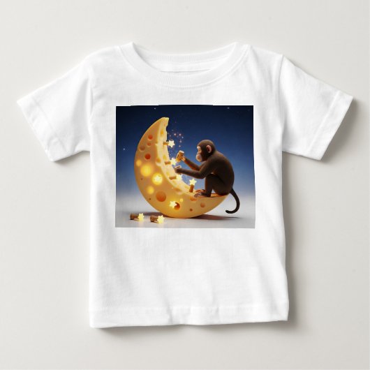 光る星でスイスチーズの月を修理するサル ベビーTシャツ (正面)