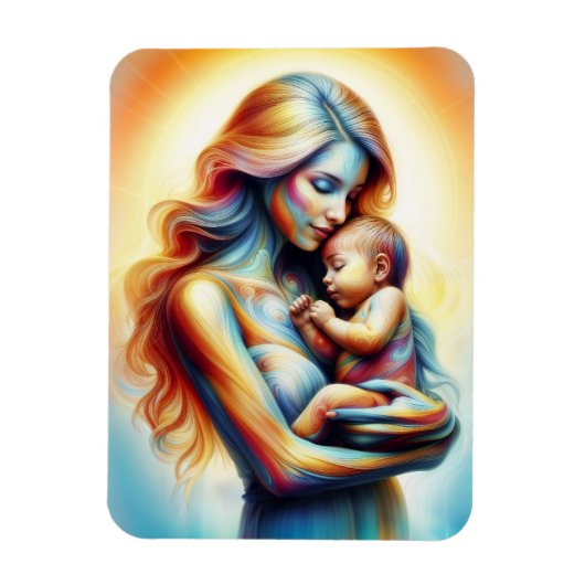 光る柔らかいベビーを持つ母は芸術を抱擁 マグネット (縦)
