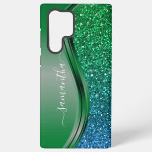 光る見た目の鮮やかな緑青色のカスタムネーム SAMSUNG GALAXY S22 ULTRAケース