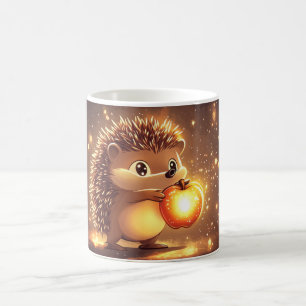 光る赤いりんごを持つかわいいハリネズミ コーヒーマグカップ