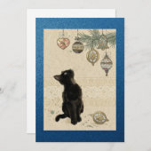 光る青いビンテージの黒猫がオーナメントを見ている シーズンカード (正面/裏面)