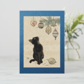 光る青いビンテージの黒猫がオーナメントを見ている シーズンカード (スタンド正面)