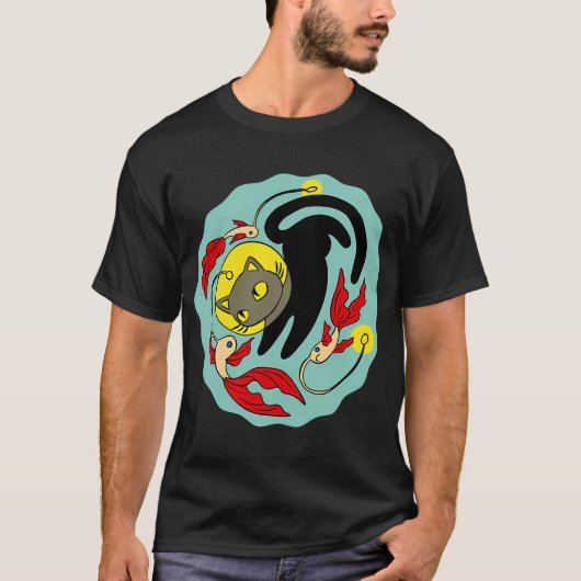 光る魚と泳ぐ黒猫 Tシャツ (正面)