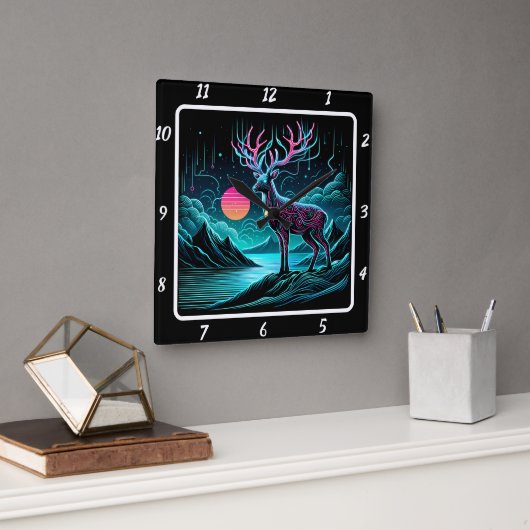 光る黄昏の鹿 スクエア壁時計 (オフィス)