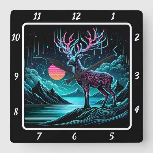 光る黄昏の鹿 スクエア壁時計 (正面)