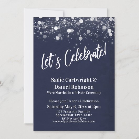 光る テクスチャード レッツ セレブレート ネイビー レセプション 招待状 (正面)