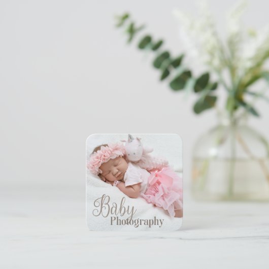 光エレガントテンプレートモダンベビー写真家 スクエア名刺 (スタンド正面)