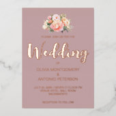 光エレガントモダンピンク牡丹ほこりっぽいバラ結婚ズ 箔招待状 (正面)