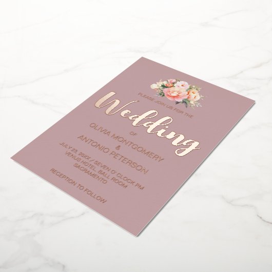 光エレガントモダンピンク牡丹ほこりっぽいバラ結婚ズ 箔招待状 (回転した状態)