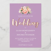 光エレガントモダンピンク牡丹薄紫結婚ズ 箔招待状 (正面)