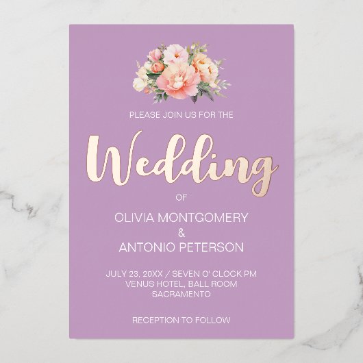 光エレガントモダンピンク牡丹薄紫結婚ズ 箔招待状 (正面)