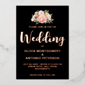 光エレガントモダンピンク牡丹黒結婚箔 箔招待状 (正面)