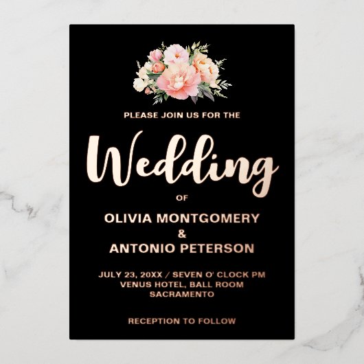 光エレガントモダンピンク牡丹黒結婚箔 箔招待状 (正面)