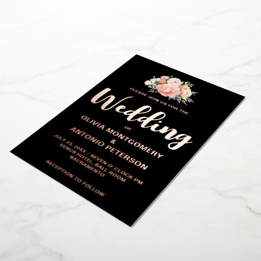 光エレガントモダンピンク牡丹黒結婚箔 箔招待状 (回転した状態)